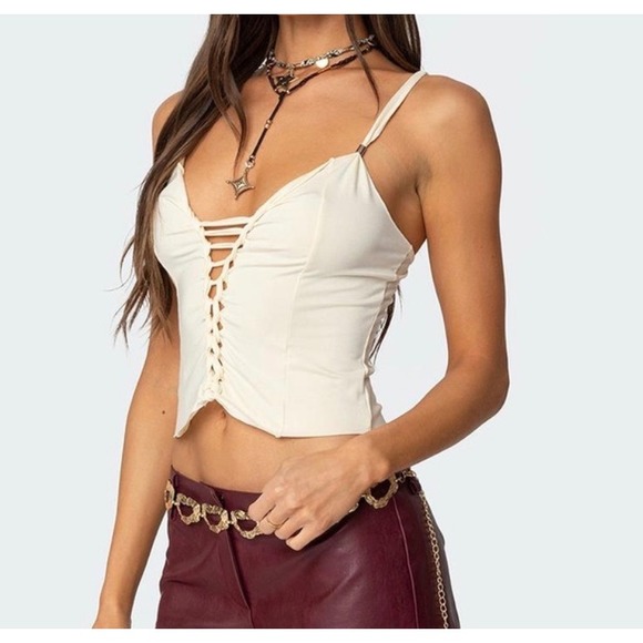 Edikted Tops - Edikted Tan Lace Up Front Camisole Top Small NWT Braided Detail Cami S18525